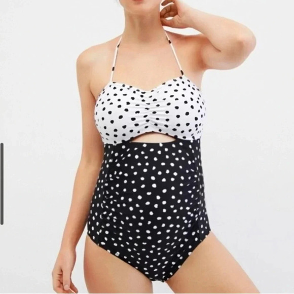 NWT Motherhood Maternity Beach Bump, One Piece Halter Polka Dot Swimsuit - Picture 2 of 9